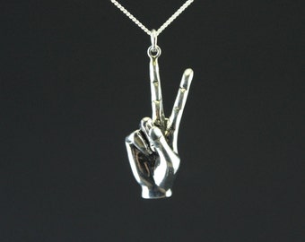 Peace sign necklace, hand gesture, Victory sign, sterling silver hand carved,