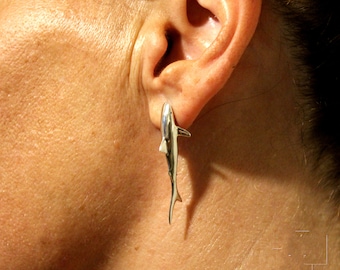 Shark Earrings Pair: Fierce and Stylish Ocean-Inspired Jewelry, sterling silver hand carved,