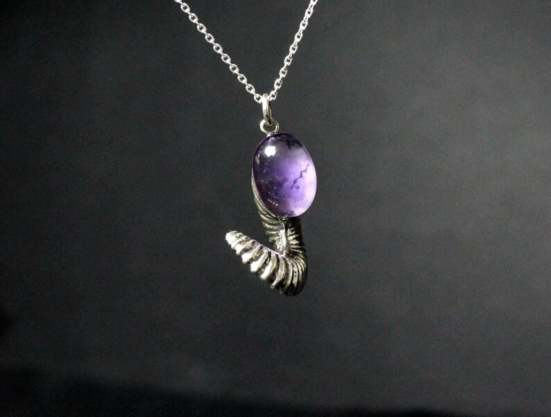Pu&ograve; includere: Una collana d'argento con un ciondolo di ametista viola a forma di coda arrotolata.