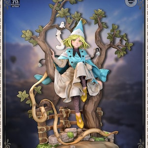 May include: A detailed figurine of a character with blonde hair, wearing a blue and white outfit, and a pointed hat. The figure is seated in a tree with green leaves, a small bird, and a wooden fence. The background is a gradient of blue and white.