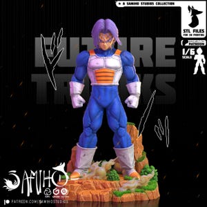 May include: A detailed 1/6 scale figurine of Future Trunks from Dragon Ball Z. The figure is posed on a rocky base with green foliage. Trunks is wearing a blue and white outfit with orange accents. The image includes text: "FUTURE TRUNKS" and "SAMIHO STUDIOS COLLECTION."