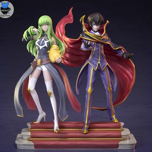 May include: Two anime character figurines. One figure has green hair, a dark dress, and is holding a yellow plush. The other figure wears a purple suit with a red cape. The figurines stand on a red carpeted platform.