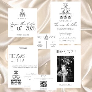Könnte beinhalten: Eine Sammlung eleganter Hochzeitspapeterie mit einem Design aus Champagnergläsern. Enthält eine "Save the Date"-Karte, Einladung, Dresscode und Dankeskarte. Der Text ist in einer klassischen Serifenschrift gehalten, in Schwarz und Weiß.