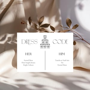 Elegante Champagner Hochzeit Dress Code Kartenvorlage - Minimalistisches & Glamouröses Design mit Champagner Turm Illustration | Bearbeitbare digitale Datei
