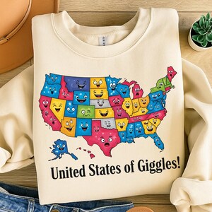 United States of Giggles USA Map PNG - Funny American Geography Digital Tee File - Cheerful States with Faces Patriotic Education Fun Print