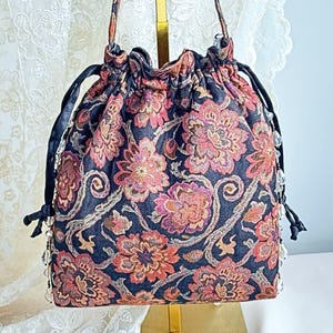 Silk Brocade Potli Bag, Beaded Crystal Fringe Evening Purse Floral Print