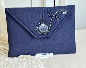 Navy Shantung Clutch Hand Embroidered Mother-of-Pearl Evening Purse Heirloom Envelope Bag