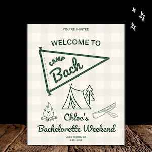 Camp Bachelorette Weekend Itinerary Template | Camp Bach Printable Invite | Editable Canva File | Girls Trip Packing List | Cabin Party Itin