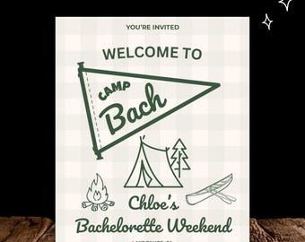 Camp Bachelorette Weekend Itinerary Template | Camp Bach Printable Invite | Editable Canva File | Girls Trip Packing List | Cabin Party Itin