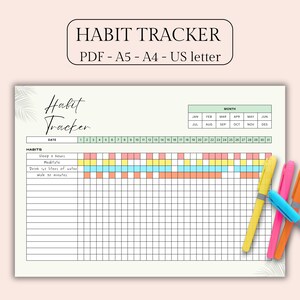 May include: A printable habit tracker with the title "Habit Tracker" and the text "PDF - A5 - A4 - US letter". The tracker includes sections for habits, dates, and a monthly calendar. Colorful markers in yellow, pink, orange, and blue are on the right.