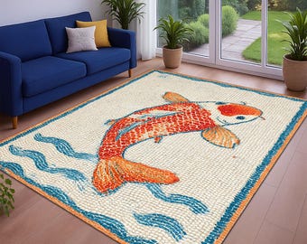 Mosaic Koi Fish Outdoor Rug, Coastal Patio Deck Decor