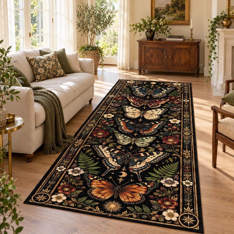 Gothic Butterfly Runner Rug, Black and Gold Botanical Print With ...