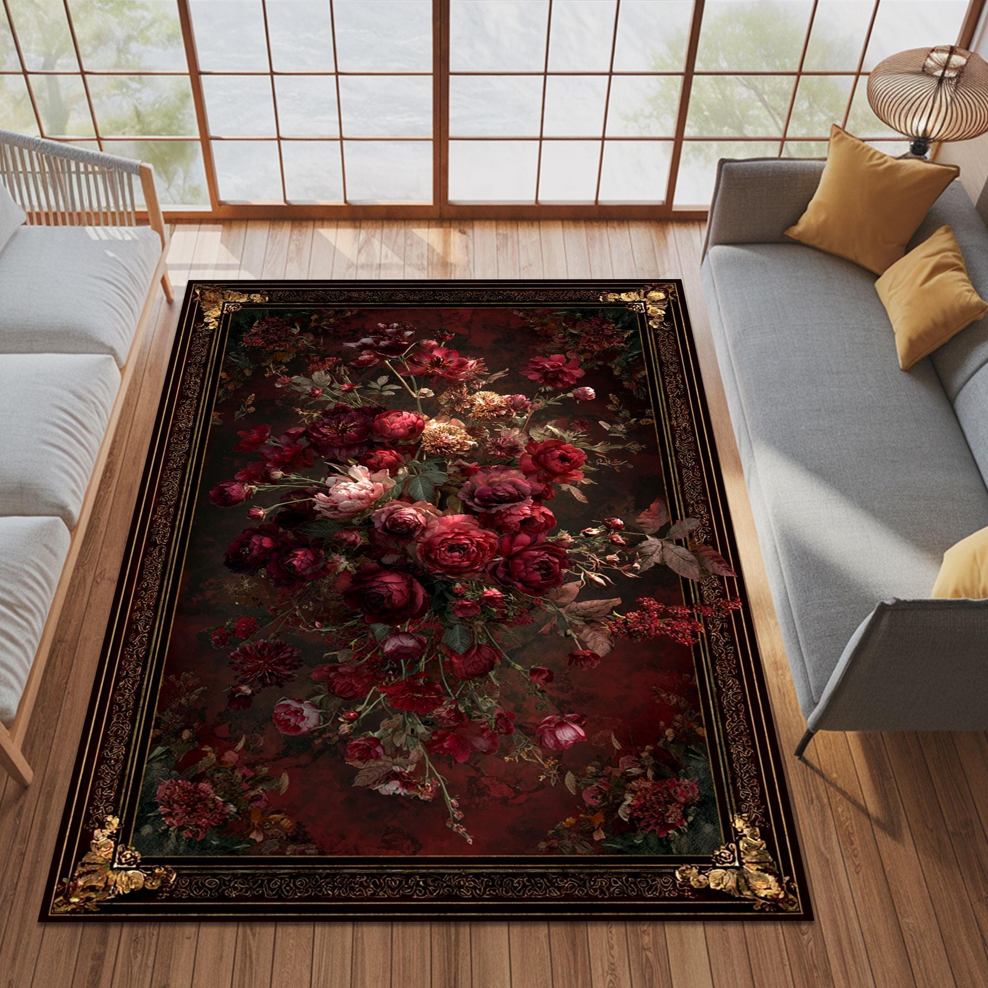 Red Or Roses Area Rugs Dark Red Floral Area Rug With Moody Botanical Roses, Romantic Vintage ...