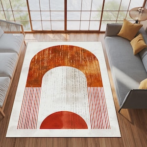 Alfombra moderna retro de mediados de siglo con un llamativo patrón geométrico en naranja y rojo, lavable y antideslizante para sala de estar o dormitorio. Decoración moderna.