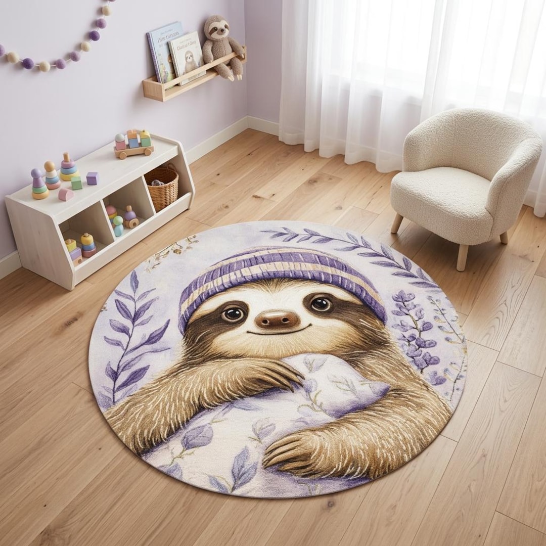 Cute Sloth Round Rug Lavender Nursery Carpet Kawaii Animal Kids Room ...