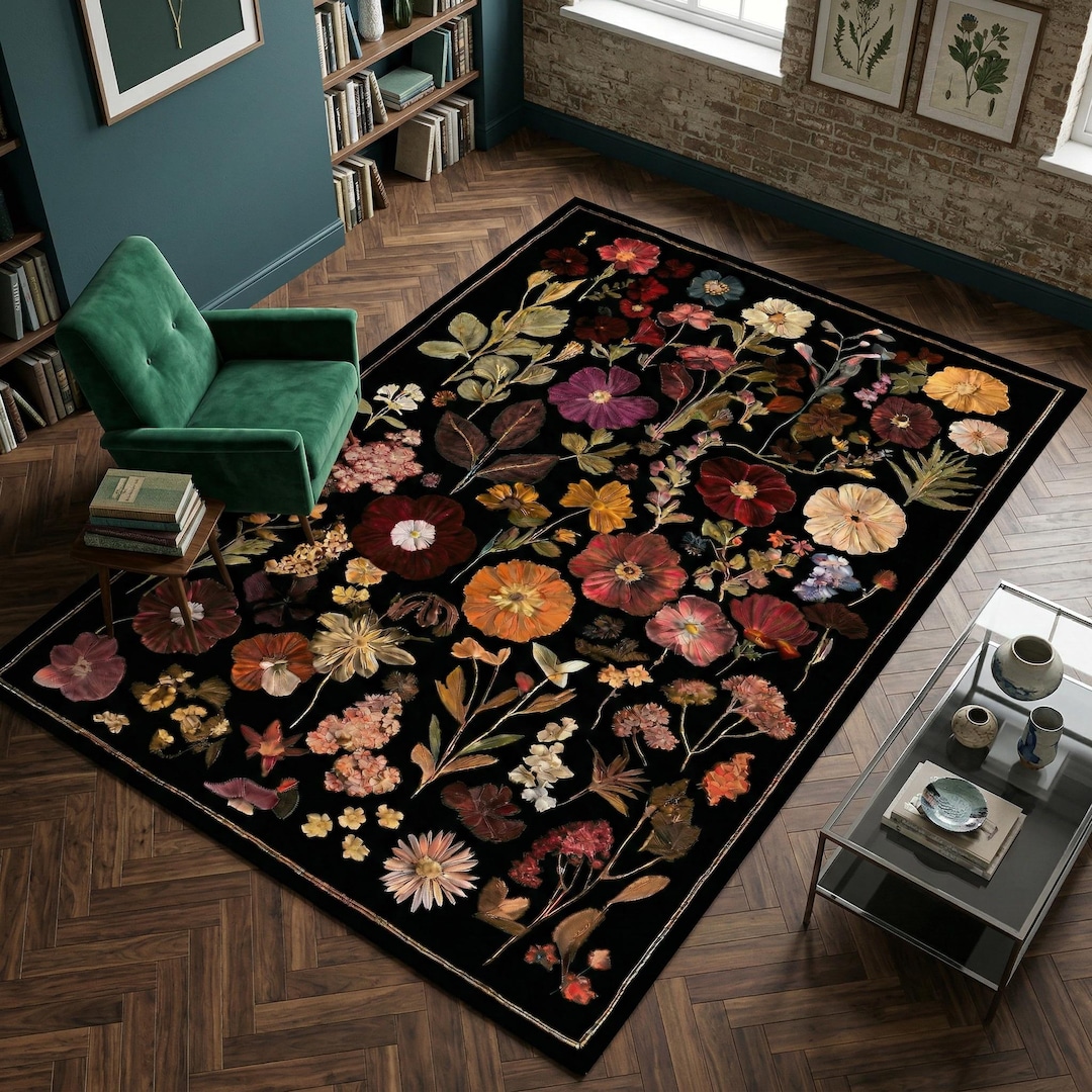 Vintage Botanical Herbarium Area Rug, Dark Floral Wildflower Carpet ...