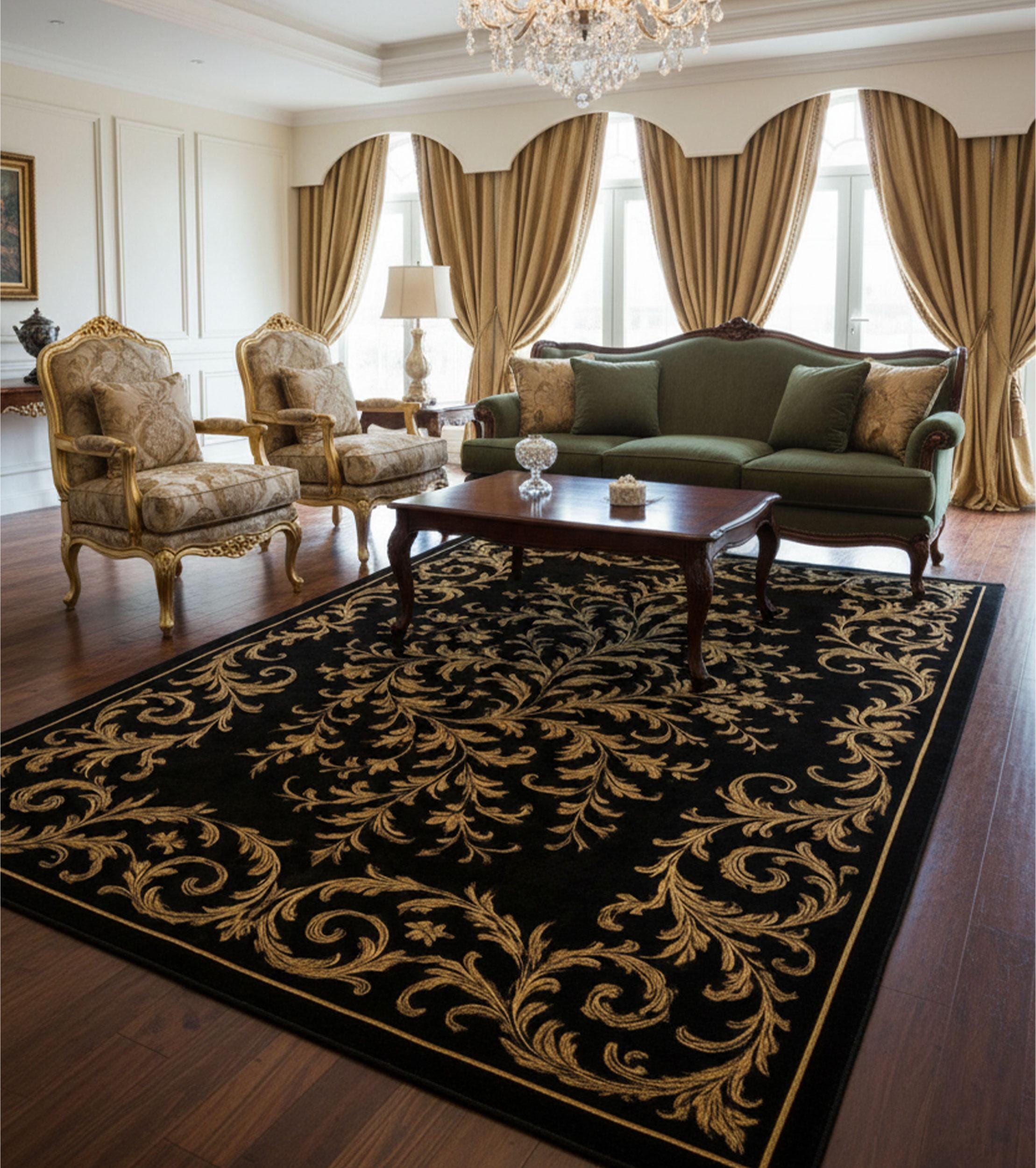 Round Baroque Rug Black and Gold Baroque Rug, Royal Leaf Polyester Carpet - Etsy