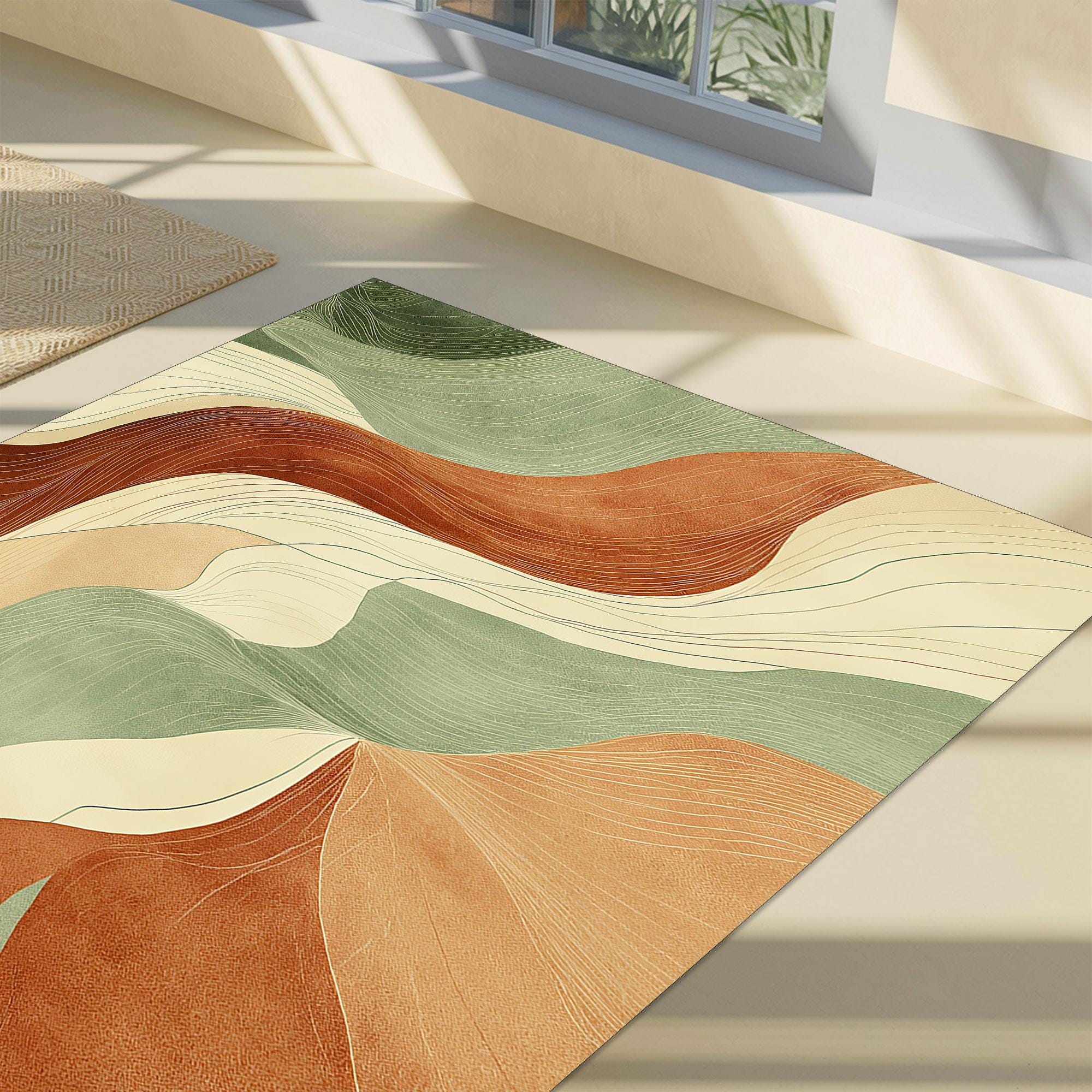 Green Earthy Pattern Rug Wave Pattern Rug, Earth Tone Carpet, Green Beige Rug, Organic Modern ...