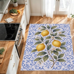 Lemon kitchen rug, fruit themed rug, washable kitchen mat, mediterranean rug, blue tile carpet, modern kitchen rug, citrus print rug