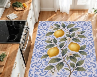 Tapete de cozinha com estampa de limão, azulejo mediterrâneo, tapete cítrico lavável.