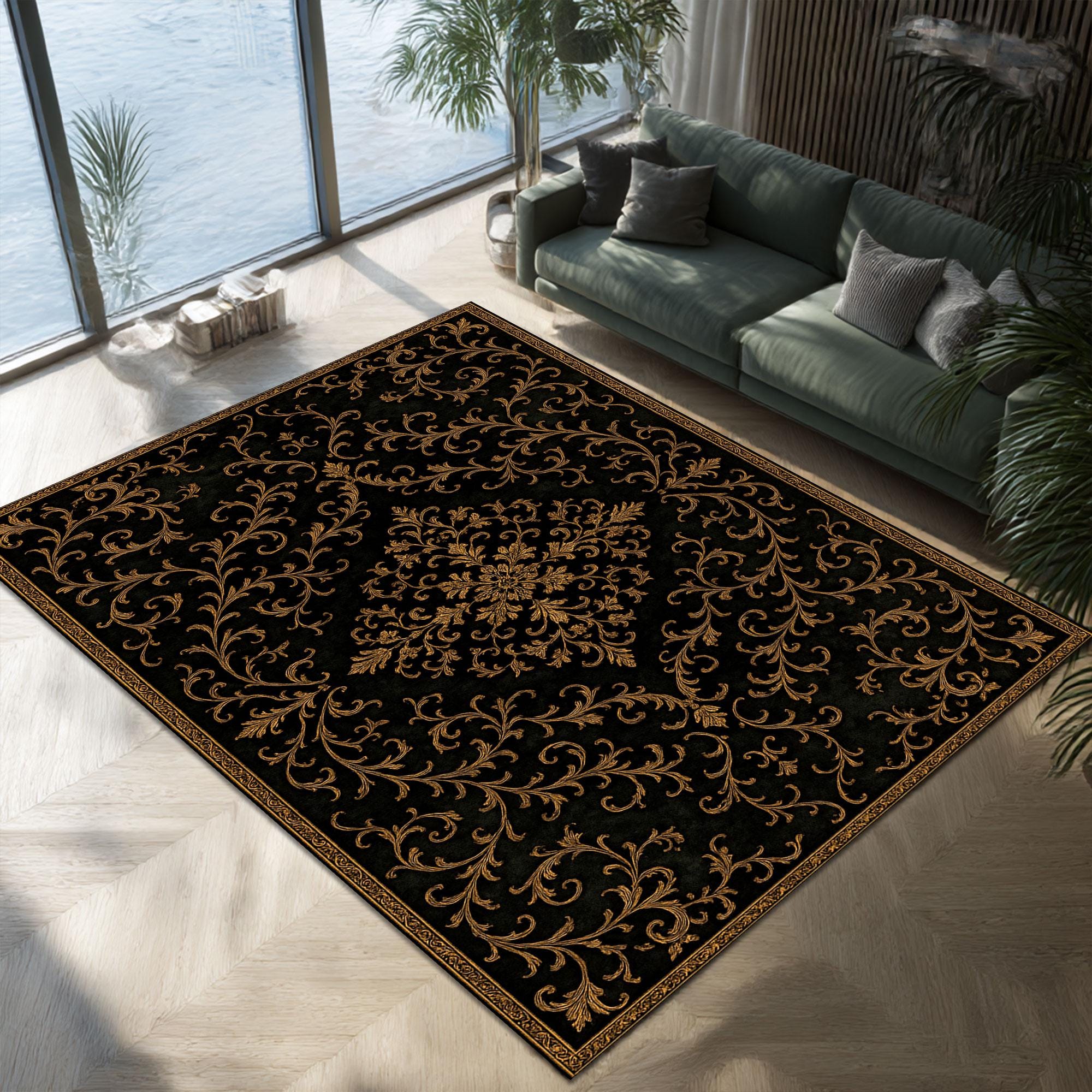 Black and Gold Baroque Area Rug | Elegant Floral Scroll Carpet - Etsy