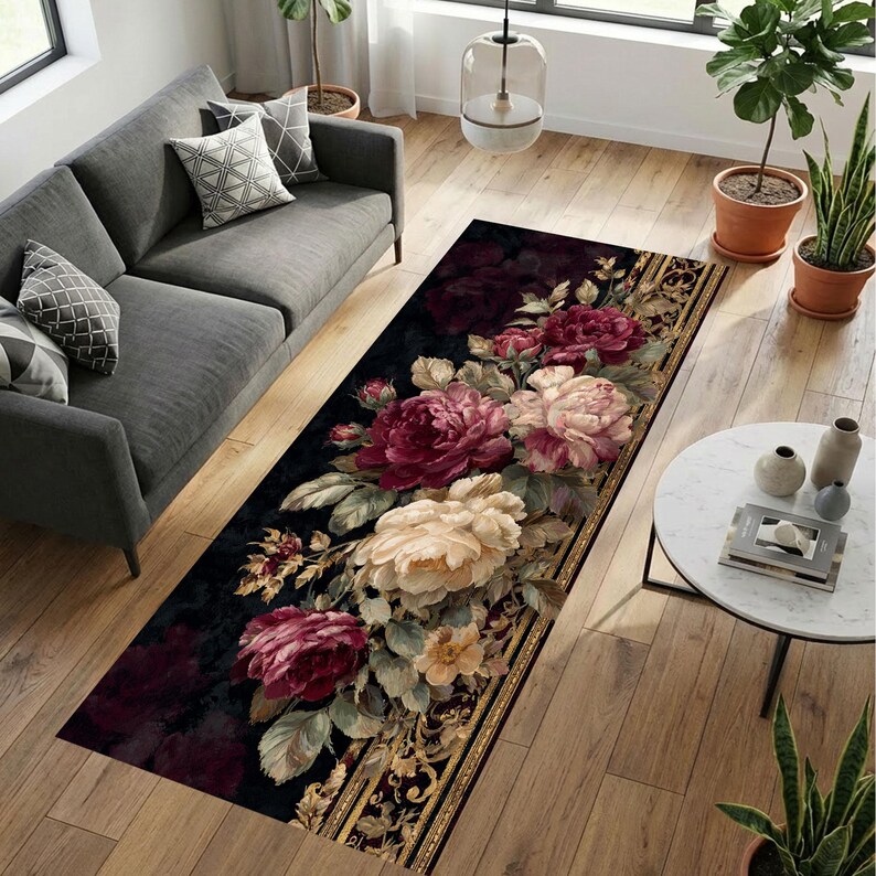 Peony Floral Runner Rug, Dark Vintage Botanical Carpet With Burgundy ...