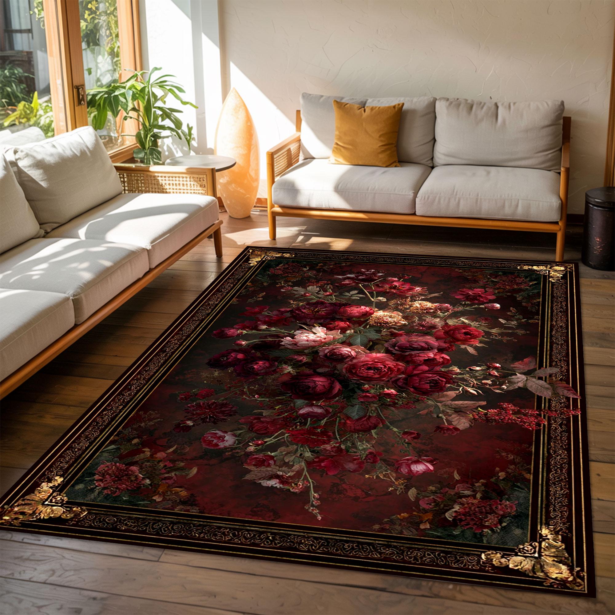 Red Or Roses Area Rugs Dark Red Floral Area Rug With Moody Botanical Roses, Romantic Vintage ...