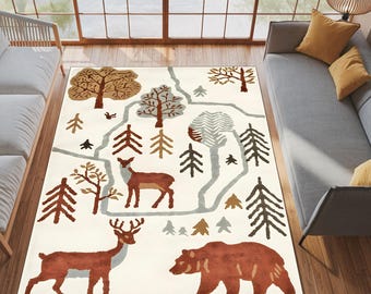 Tapete rústico com tema de vida selvagem, decoração para cabana na floresta com veados e ursos.