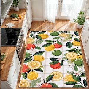 Citrus rug, lemon kitchen mat, retro fruit carpet, orange lime rug, colorful kitchen floor, farmhouse food rug, fruit decor, dining room mat