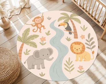 Jungle Rug, Safari Nursery Rug, Animal Play Mat, Round Baby Rug, Cute Animal Carpet, Lion Rug, Toddler Floor Mat, Elephant Kids Rug