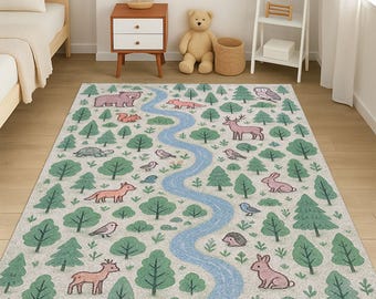 Woodland Rug, Forest Animal Rug, Wildlife Play Mat, Toddler Room Decor, Educational Nursery Rug, Kids Nature Mat, Baby Gift Rug,Playroom Rug