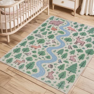Woodland Rug, Forest Animal Rug, Wildlife Play Mat, Toddler Room Decor, Educational Nursery Rug, Kids Nature Mat, Baby Gift Rug,Playroom Rug