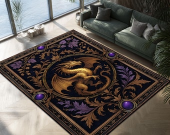 Gothic Dragon Area Rug, Black Gold Baroque Carpet, Medieval Fantasy Decor