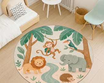 Safari Nursery Rug • Jungle Animals Round Play Mat • Soft Washable Non-Slip Kids Room Carpet • Baby Playroom Decor
