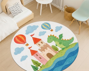 Dragon Castle Round Kids Rug, Fantasy Nursery Play Mat