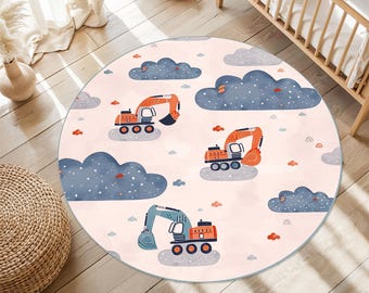 Kids Construction Round Rug, Excavator Trucks, Nursery Play Mat