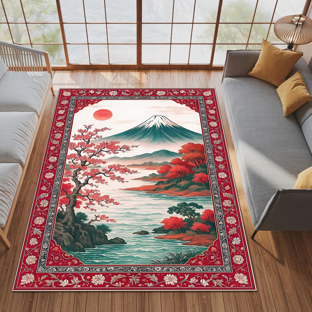 Sakura Rug Japanese Fuji Mountain Rug, Red Sun Sakura Trees, Oriental Home Decor ...