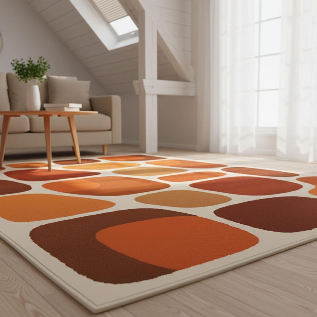Retro Mid Century Modern Area Rug, Abstract Orange and Brown Geometric ...