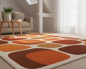 Retro Mid Century Modern Area Rug, Abstract Orange and Brown Geometric Pattern, Stylish Minimal Carpet for Living Room or Office Decor