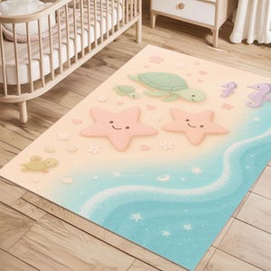 Meeresteppich, Meeresteppich, pastellfarbener Teppich, Seesternteppich, Schildkrötendecke, Kinderteppich, kawaii Kinderteppich, Seepferdchenteppich, Strandzimmerteppich