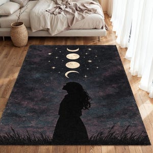 Moon Rug, Celestial Rug, Girl Silhouette Rug, Lunar Cycle Mat, Boho Mystic Decor, Feminine Room Rug, Starry Night Mat, Dark Sky Bedroom Rug