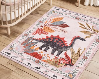 Dinosaur Kids Rug, Floral Nursery Play Mat, Non-Slip, Washable Rug