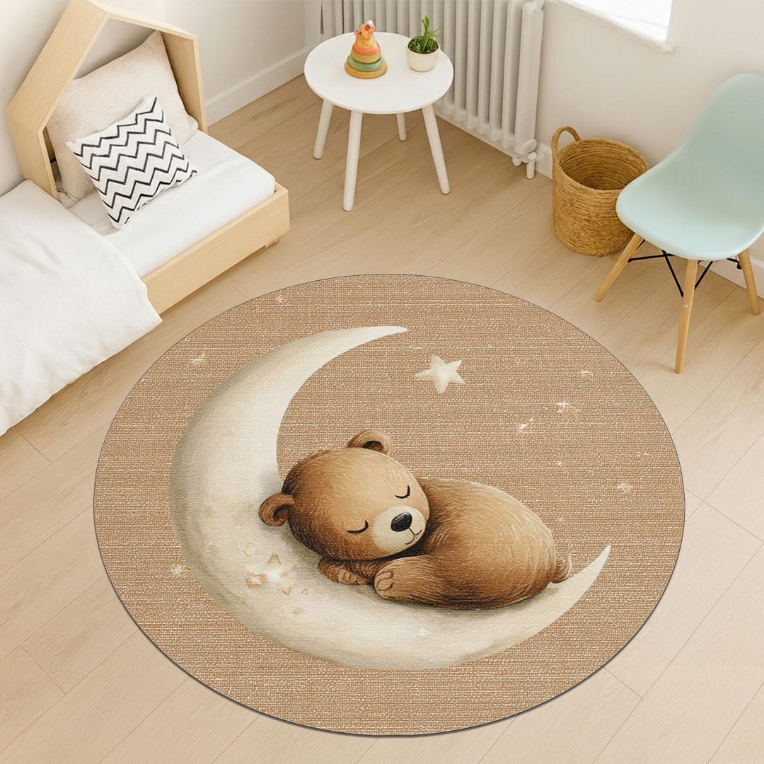 Baby Sleep Rug Sleeping Bear Moon Rug Round Washable Carpet Cozy Beige Nursery Decor ...