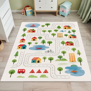 Road Map Rug for Playroom, Montessori City Carpet for Toddler, Washable Educational Kids Mat, Soft Baby Nursery Floor Area Rug