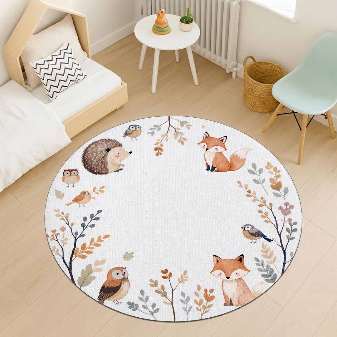 Hedgehog Rug Woodland Nursery Rug • Fox Owl Hedgehog Round Play Mat • Soft Washable ...