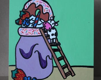 Funny Canvas Painting Wall Decor | Cow drinking a milkshake