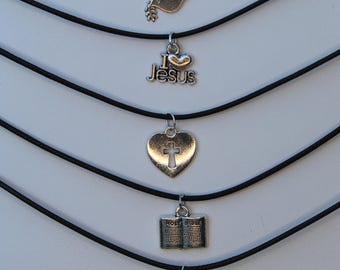 Christian necklaces | Mixed Pendants | Silver and waxed cord