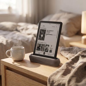 Op de afbeelding: Een e-reader met "The Midnight Library" staat in een grijze standaard op een houten nachtkastje. Een wit gespikkelde mok met een warm drankje staat in de buurt. Een lamp en een bed zijn op de achtergrond.