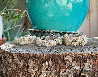 Set of three Hemp beaded bracelets. Amethyst beads and light purple seed beads
