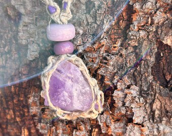 Hemp wrapped raw amethyst stone